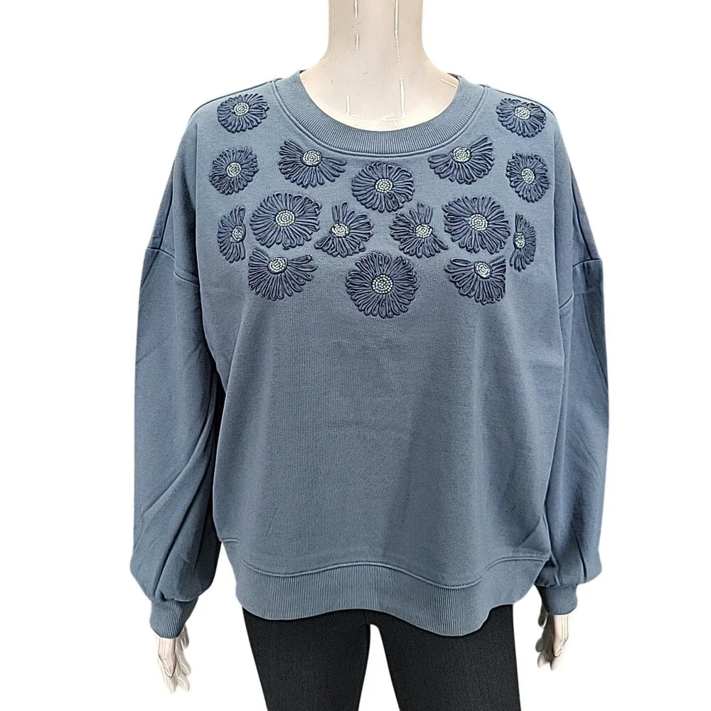 Indigo Thread Co Womens Sweatshirt Floral Appliques Large Size Blue Pullover Top